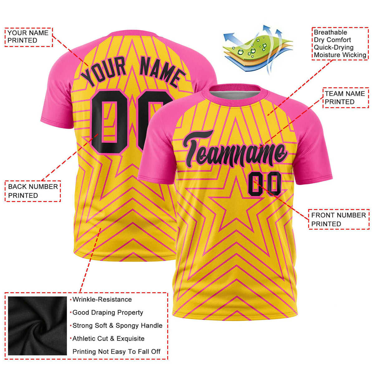 Custom Gold Pink Personalized Star Pattern Raglan Sleeves Performance T-Shirt