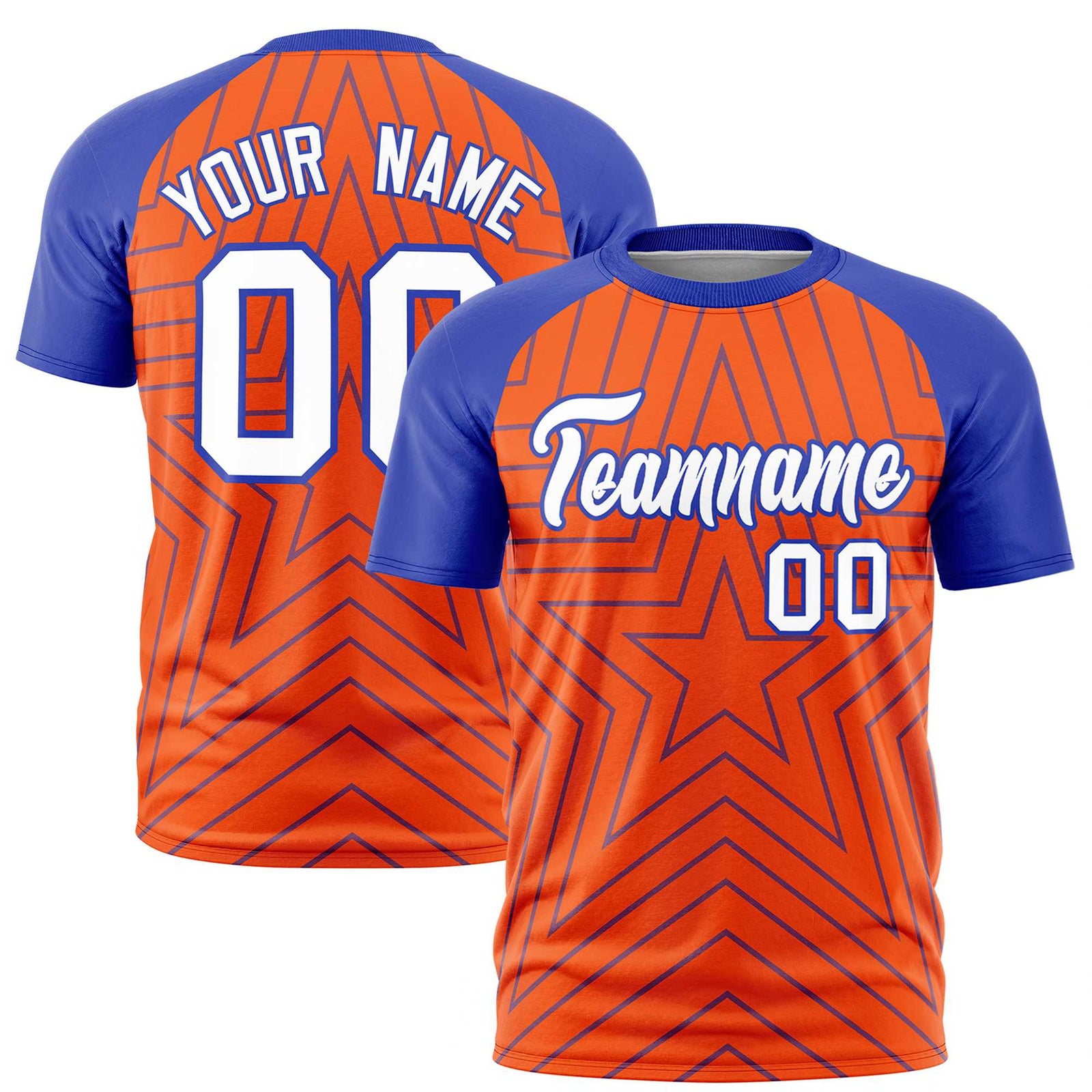 Custom Orange Royal Blue Personalized Star Pattern Raglan Sleeves Performance T-Shirt