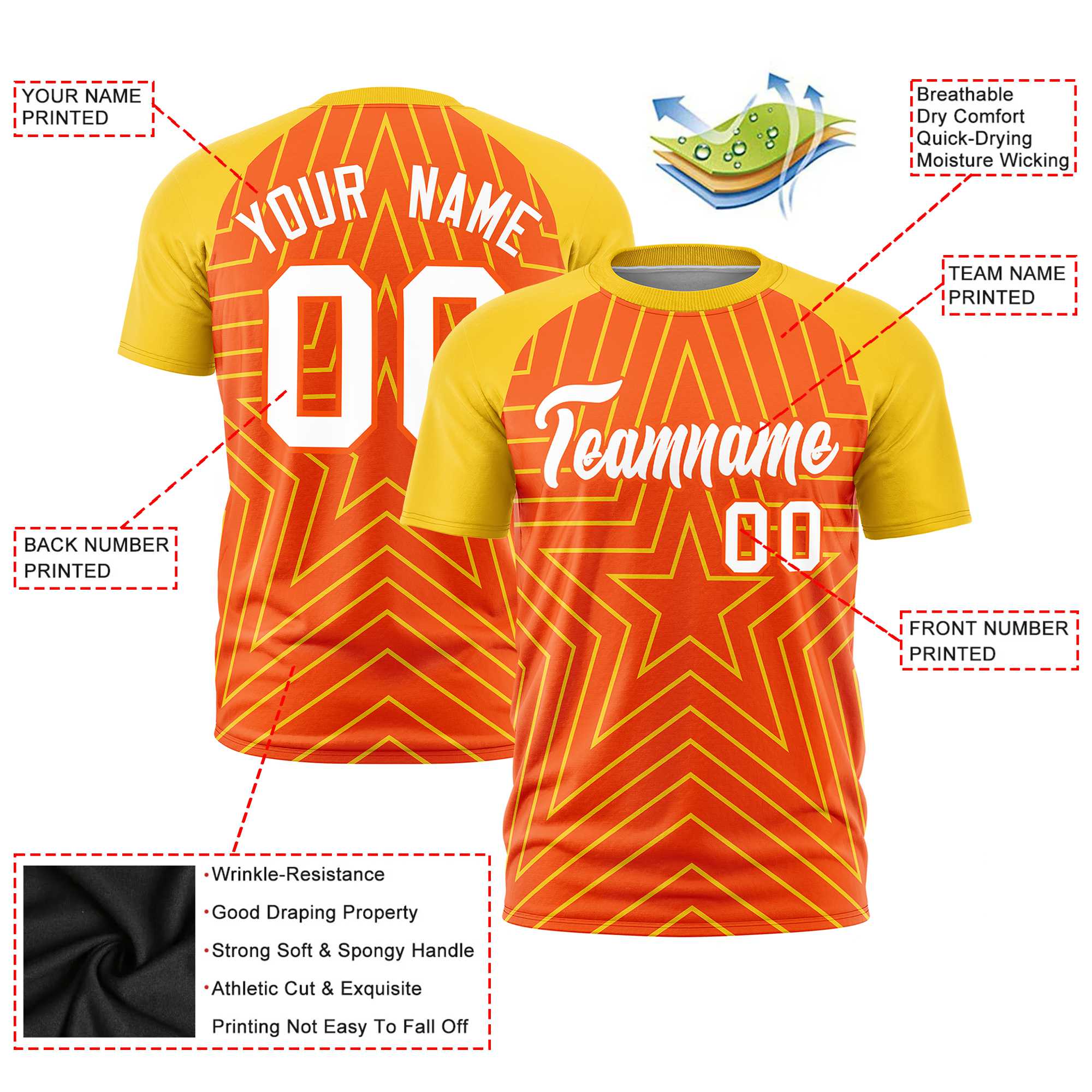 Custom Orange Gold Personalized Star Pattern Raglan Sleeves Performance T-Shirt