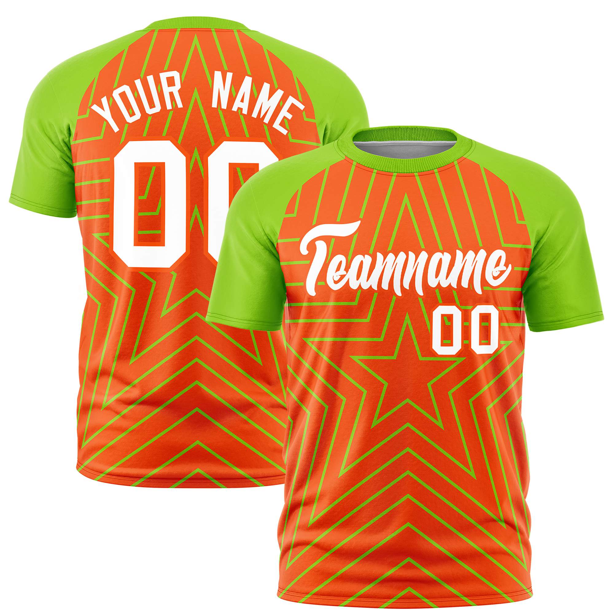 Custom Orange Neon Green Personalized Star Pattern Raglan Sleeves Performance T-Shirt