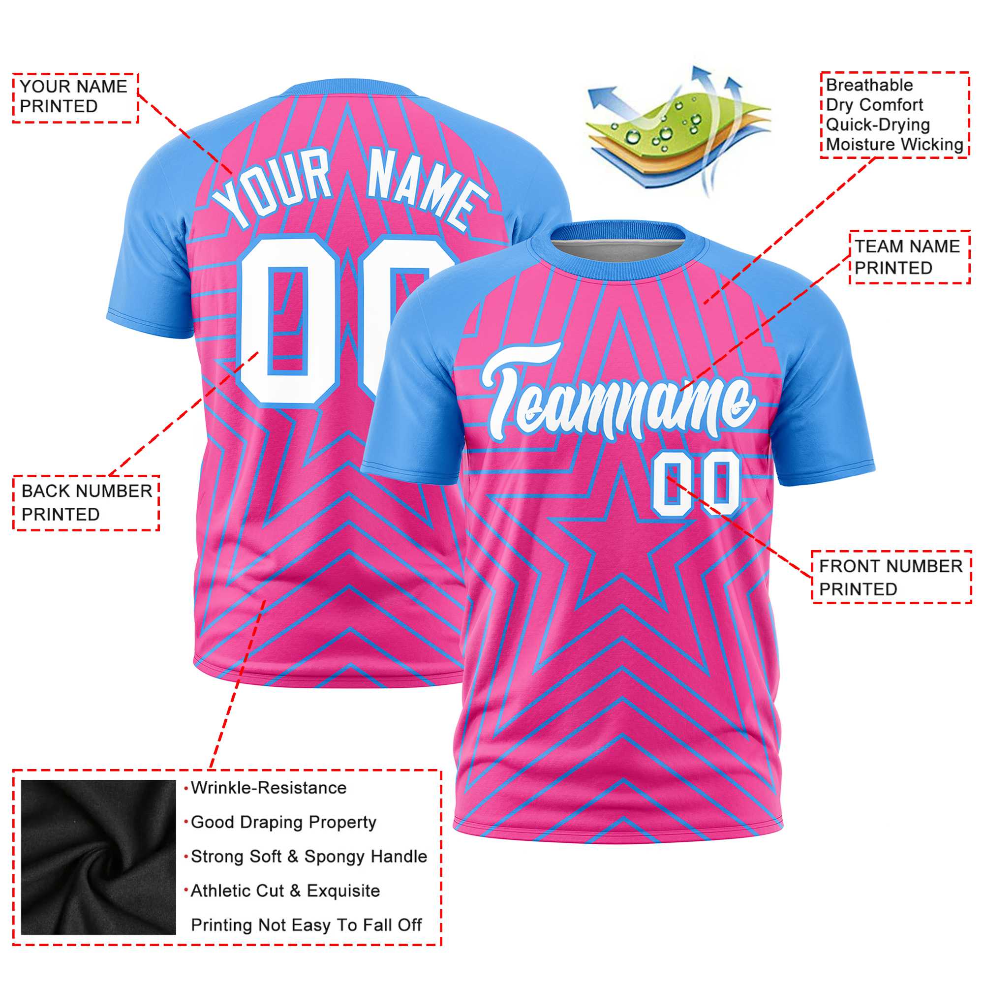 Custom Pink Powder Blue Personalized Star Pattern Raglan Sleeves Performance T-Shirt