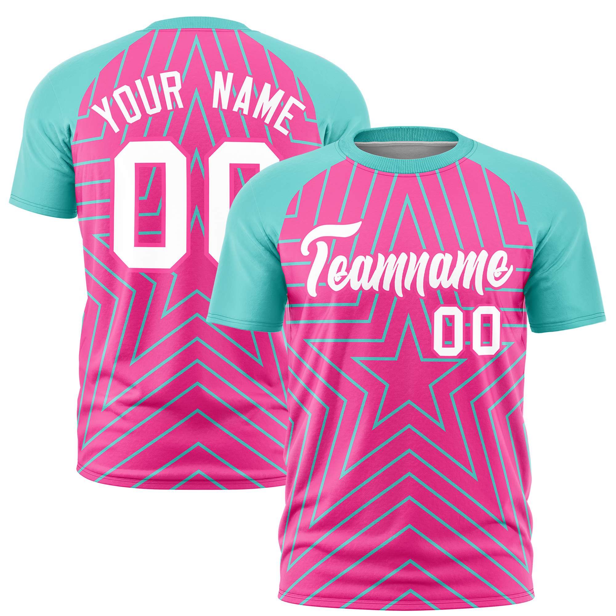 Custom Pink Bright Green Personalized Star Pattern Raglan Sleeves Performance T-Shirt