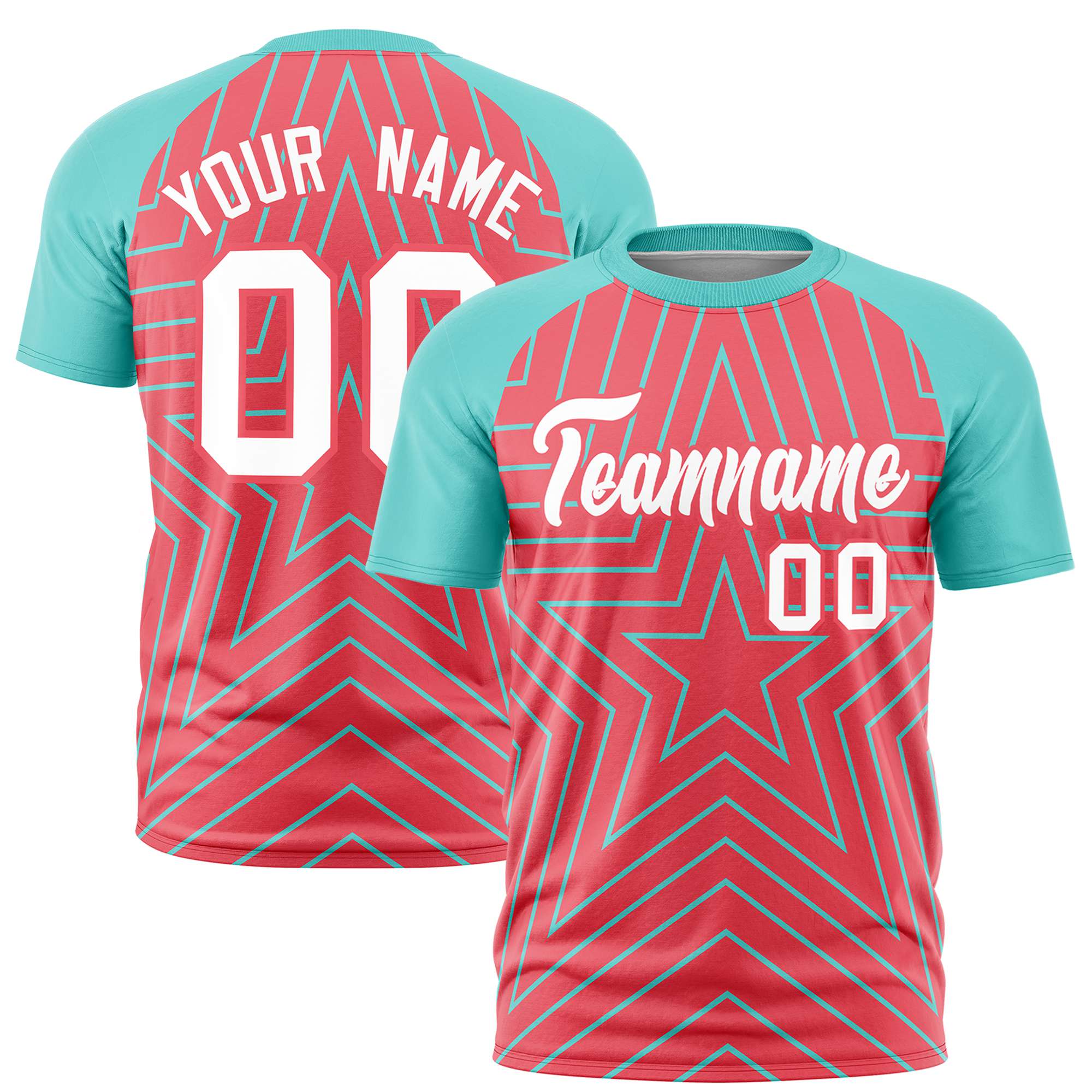 Custom Light Red Bright Green Personalized Star Pattern Raglan Sleeves Performance T-Shirt