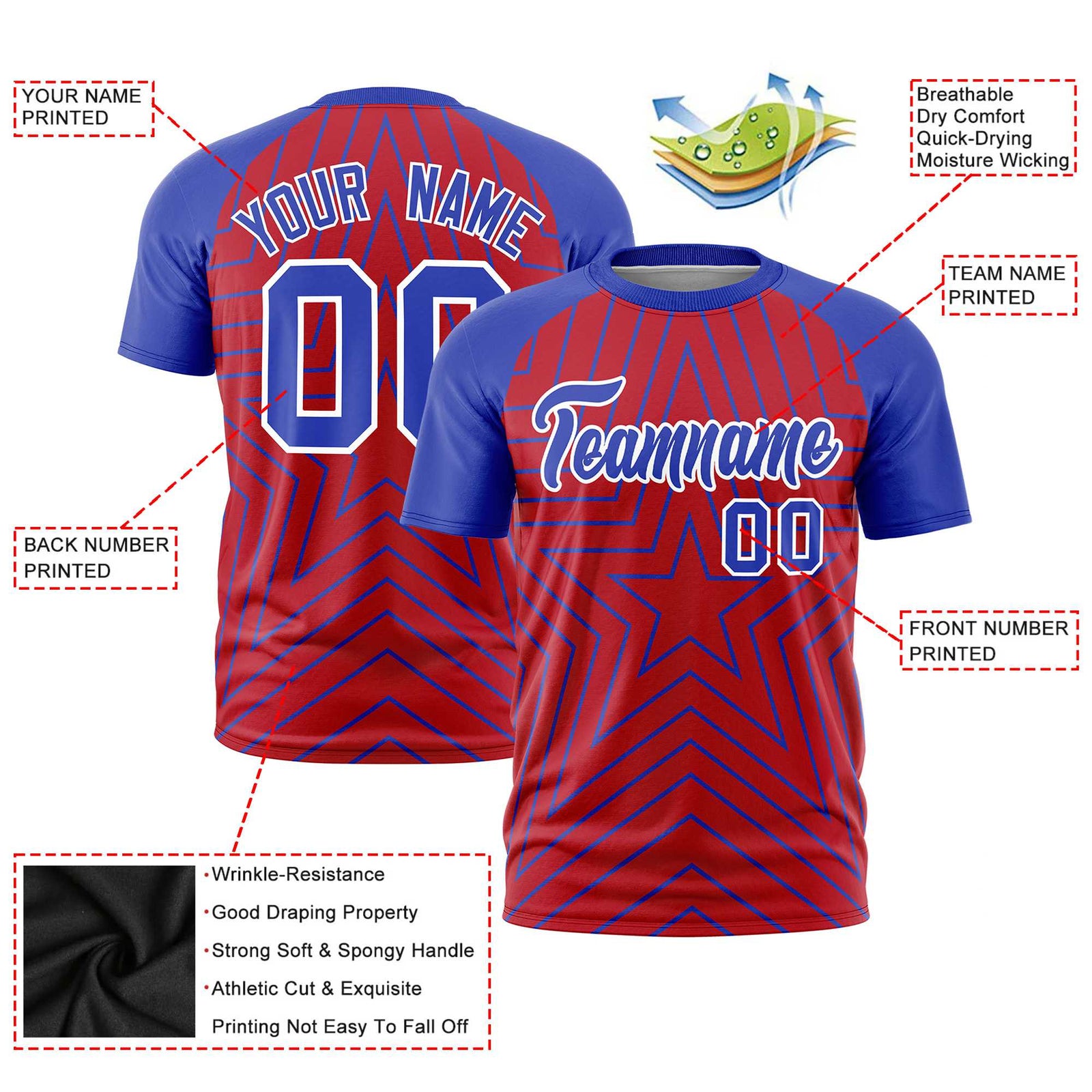 Custom Red Royal Blue Personalized Star Pattern Raglan Sleeves Performance T-Shirt