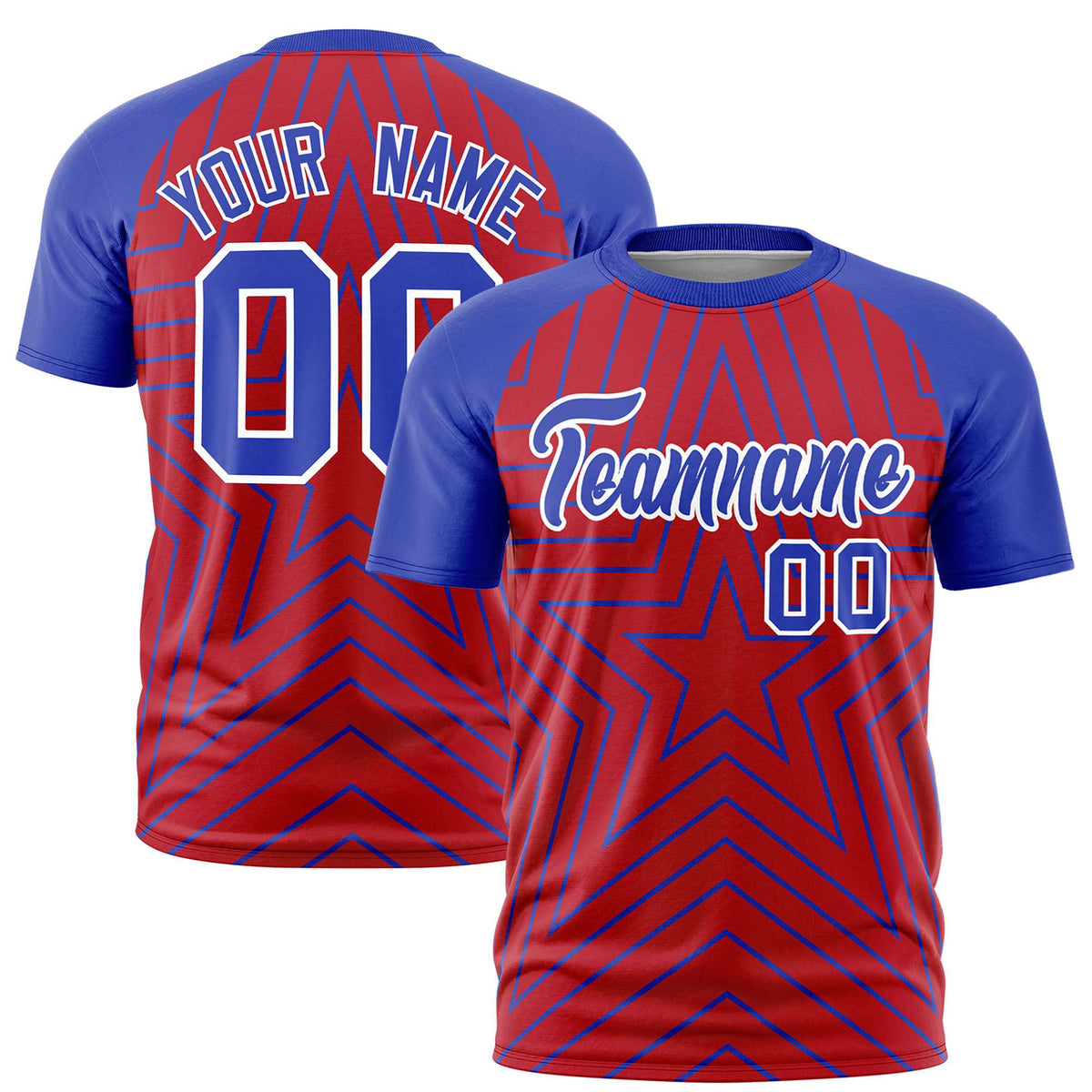 Custom Red Royal Blue Personalized Star Pattern Raglan Sleeves Performance T-Shirt