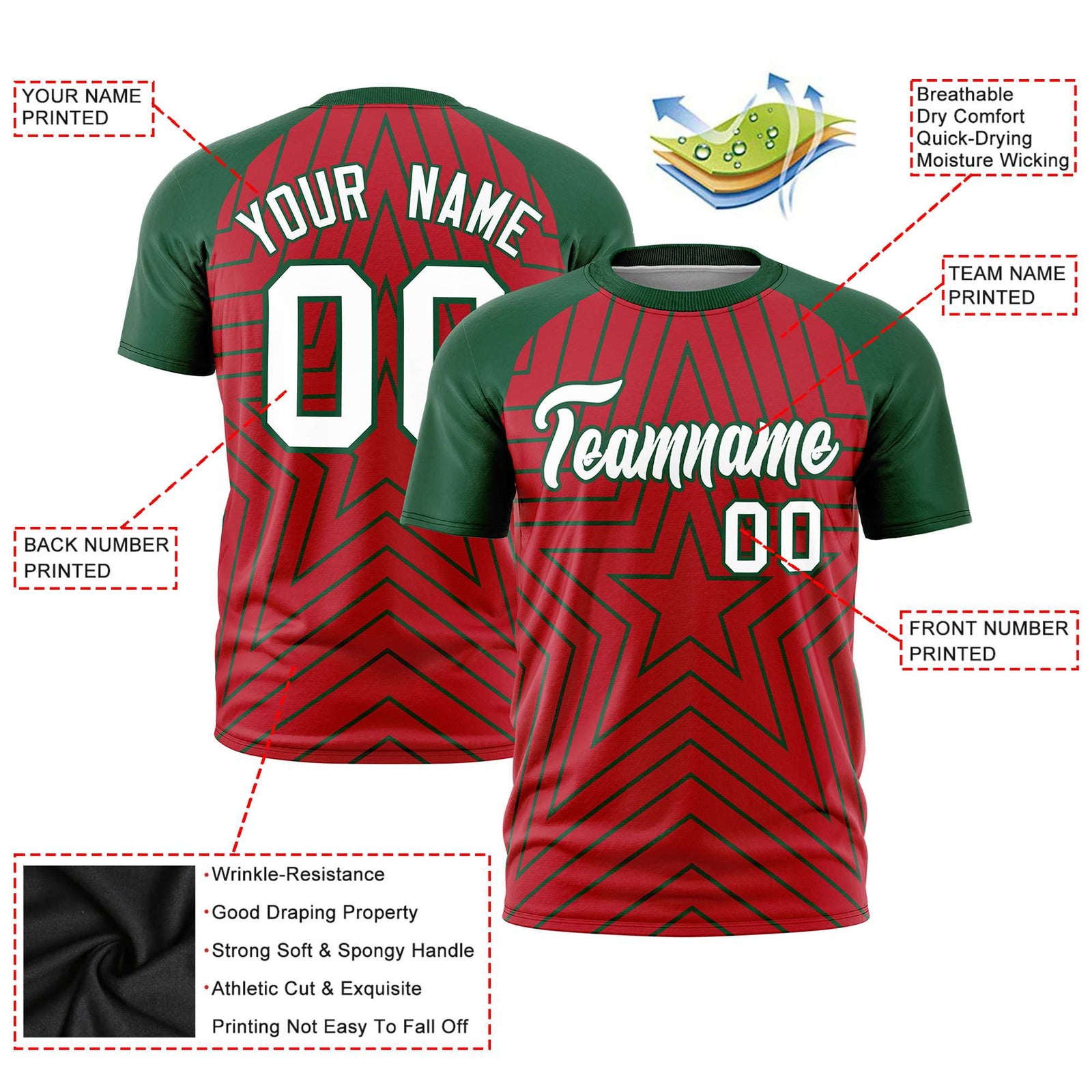 Custom Red Green Personalized Star Pattern Raglan Sleeves Performance T-Shirt