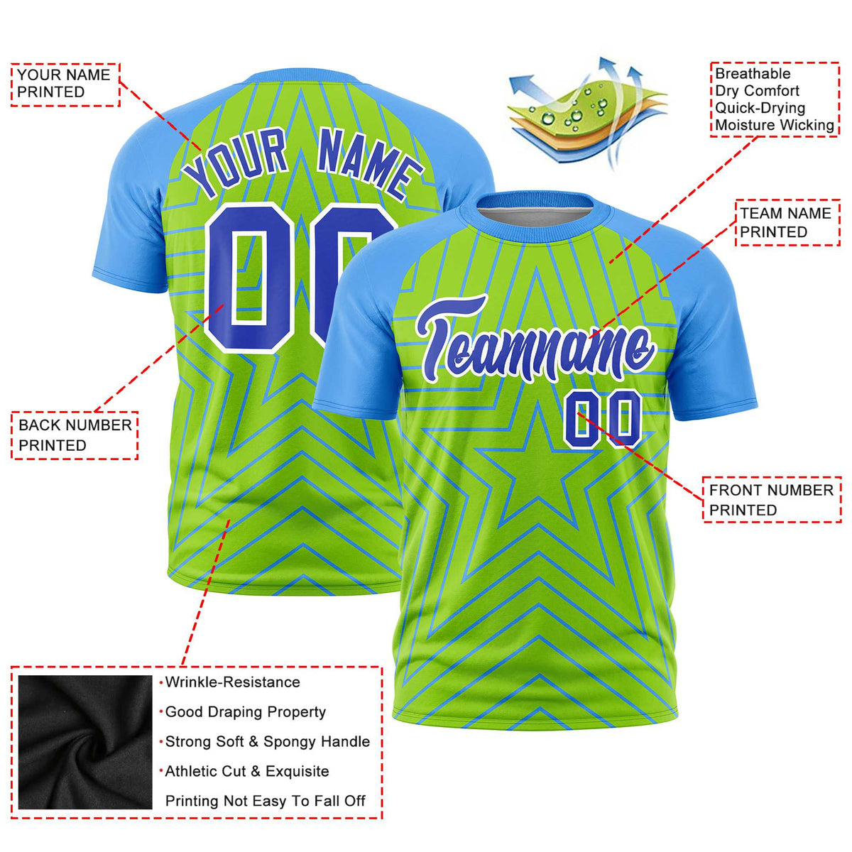 Custom Neon Green Powder Blue Personalized Star Pattern Raglan Sleeves Performance T-Shirt