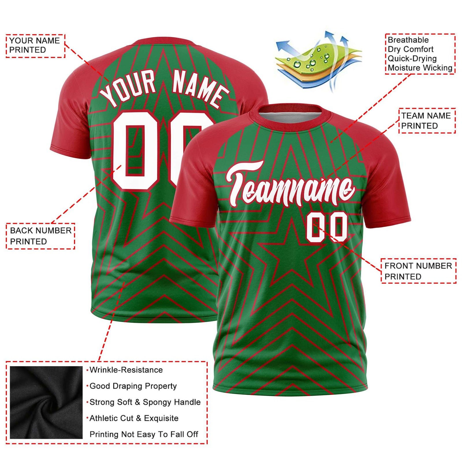 Custom Kelly Green Red Personalized Star Pattern Raglan Sleeves Performance T-Shirt