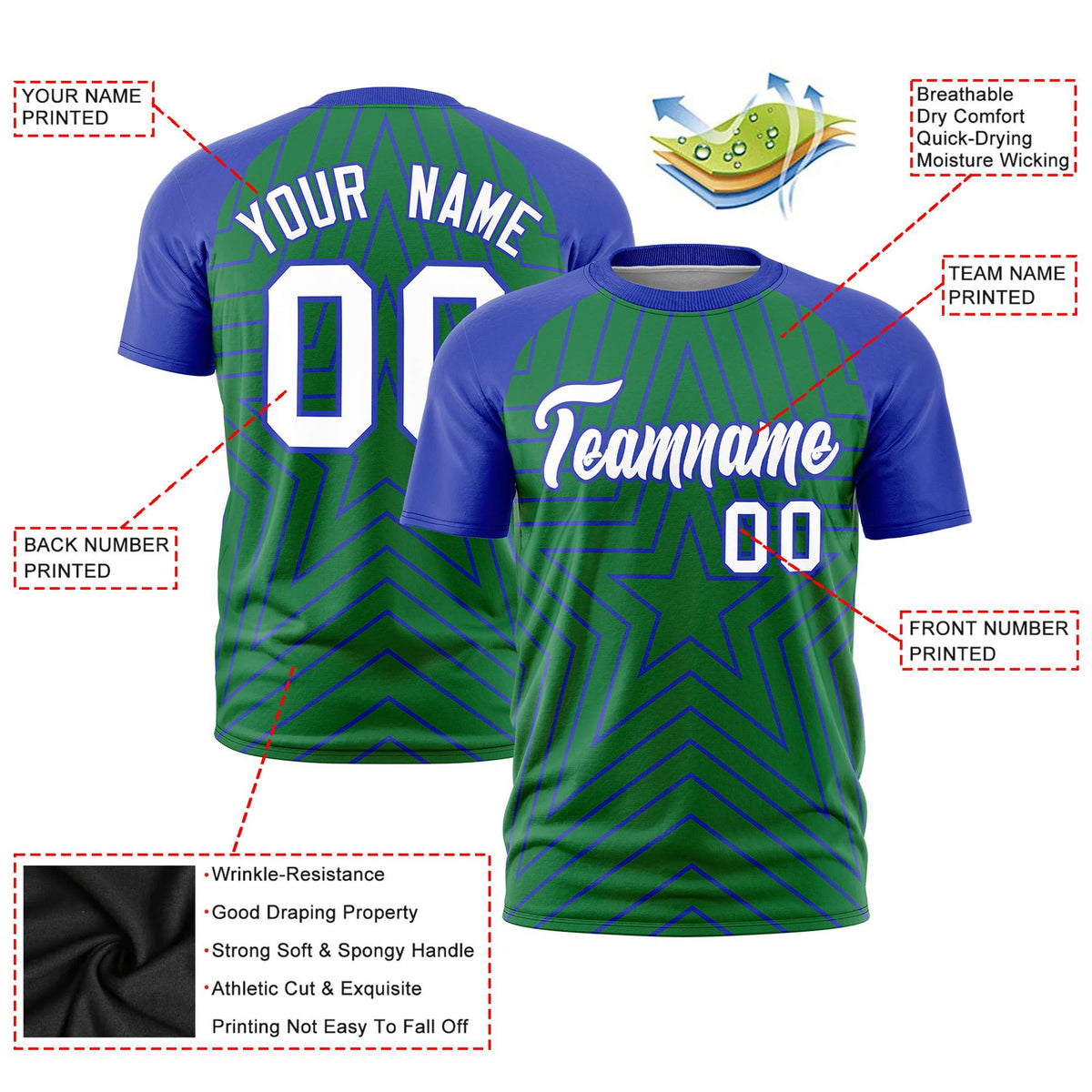 Custom Kelly Green Royal Blue Personalized Star Pattern Raglan Sleeves Performance T-Shirt