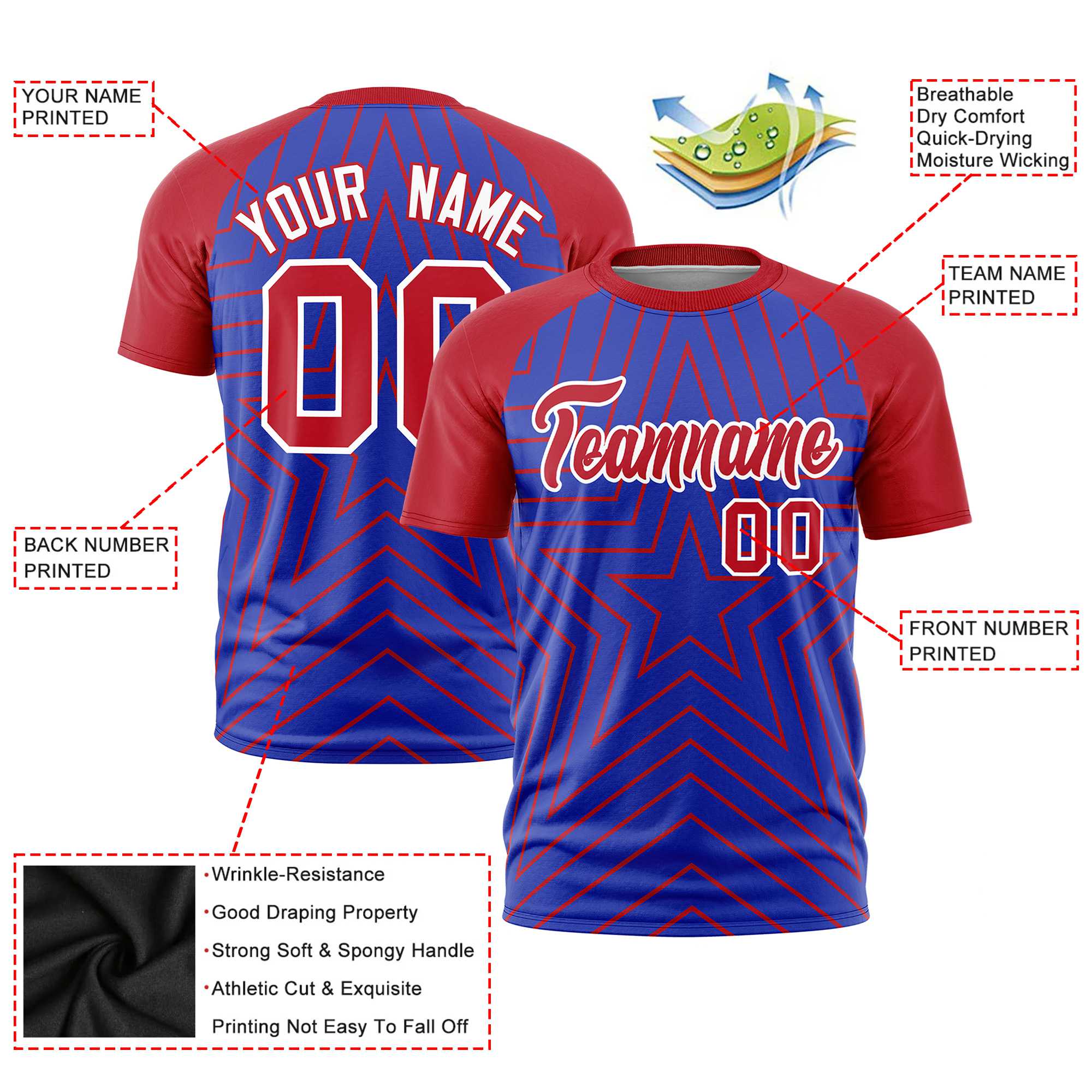 Custom Royal Blue Red Personalized Star Pattern Raglan Sleeves Performance T-Shirt