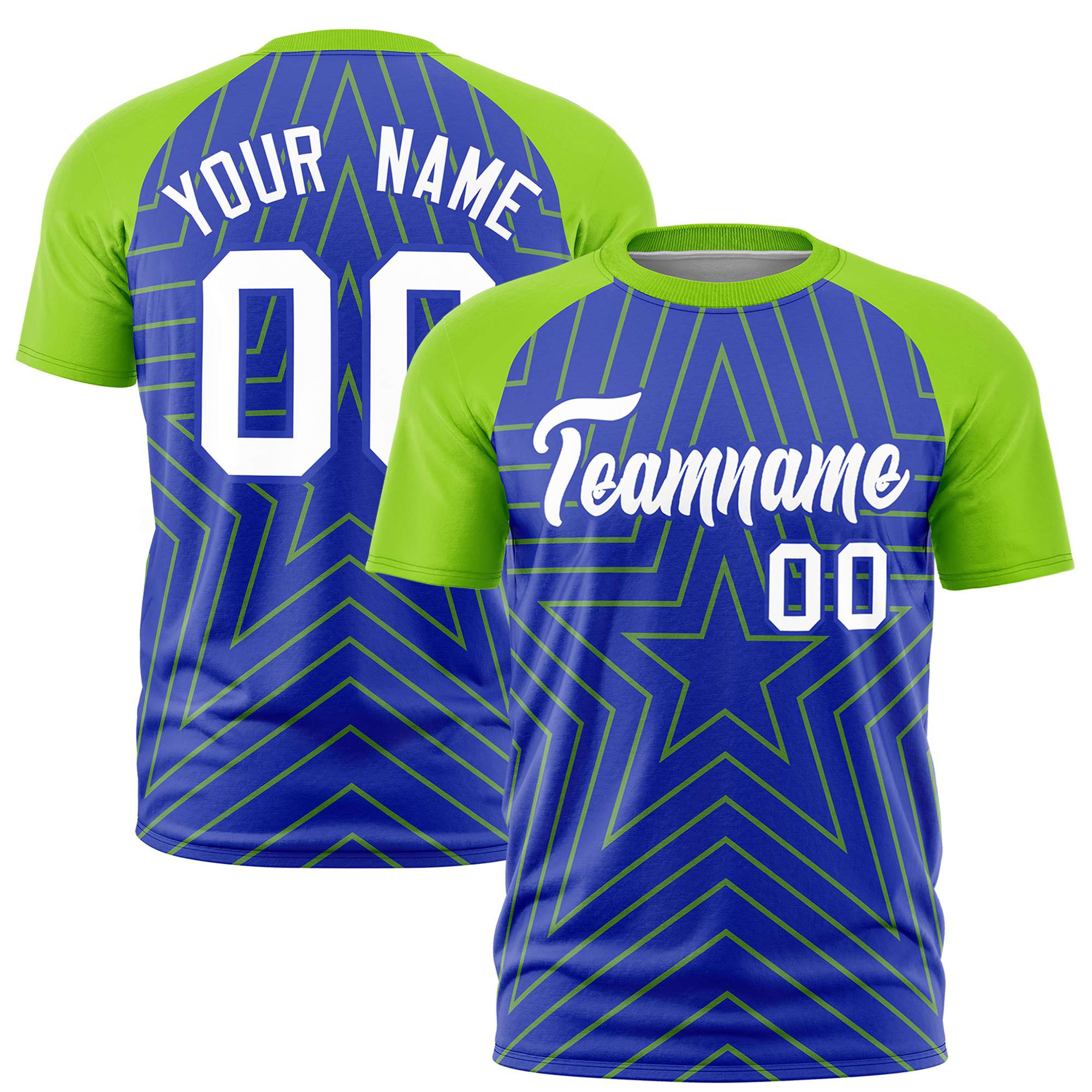 Custom Royal Blue Neon Green Personalized Star Pattern Raglan Sleeves Performance T-Shirt