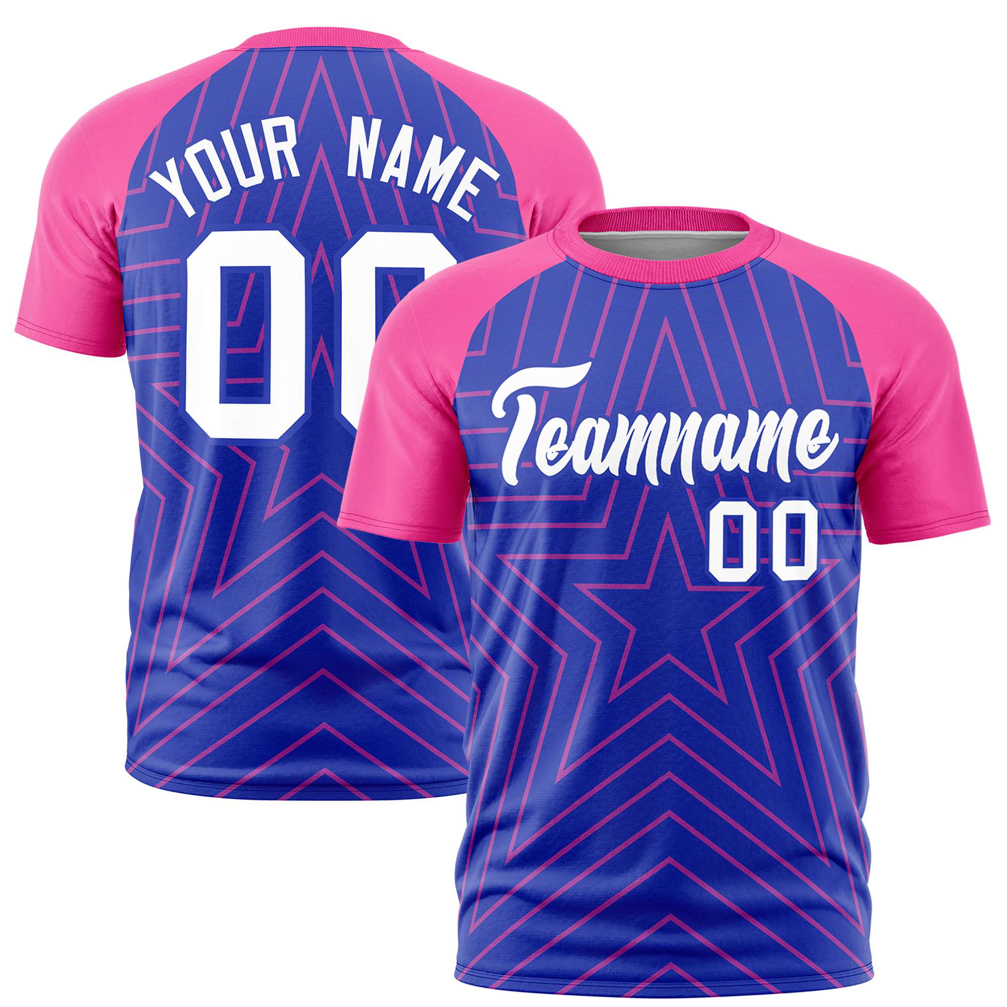 Custom Royal Blue Pink Personalized Star Pattern Raglan Sleeves Performance T-Shirt