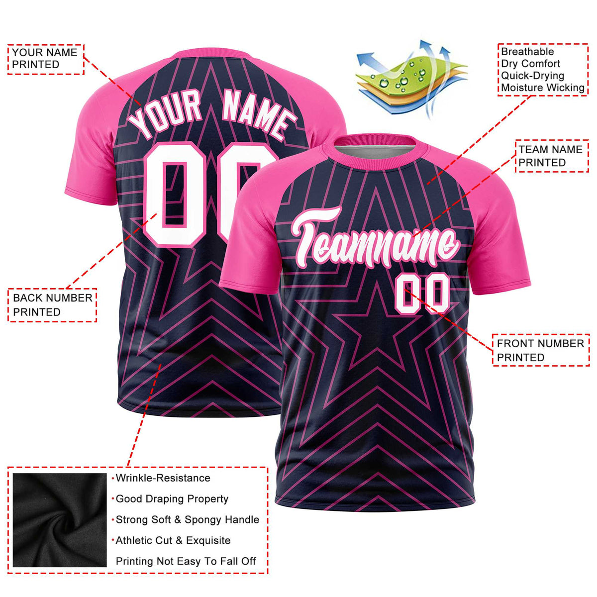 Custom Navy Pink Personalized Star Pattern Raglan Sleeves Performance T-Shirt