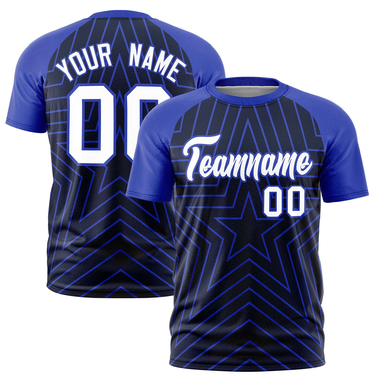 Custom Navy Royal Blue Personalized Star Pattern Raglan Sleeves Performance T-Shirt