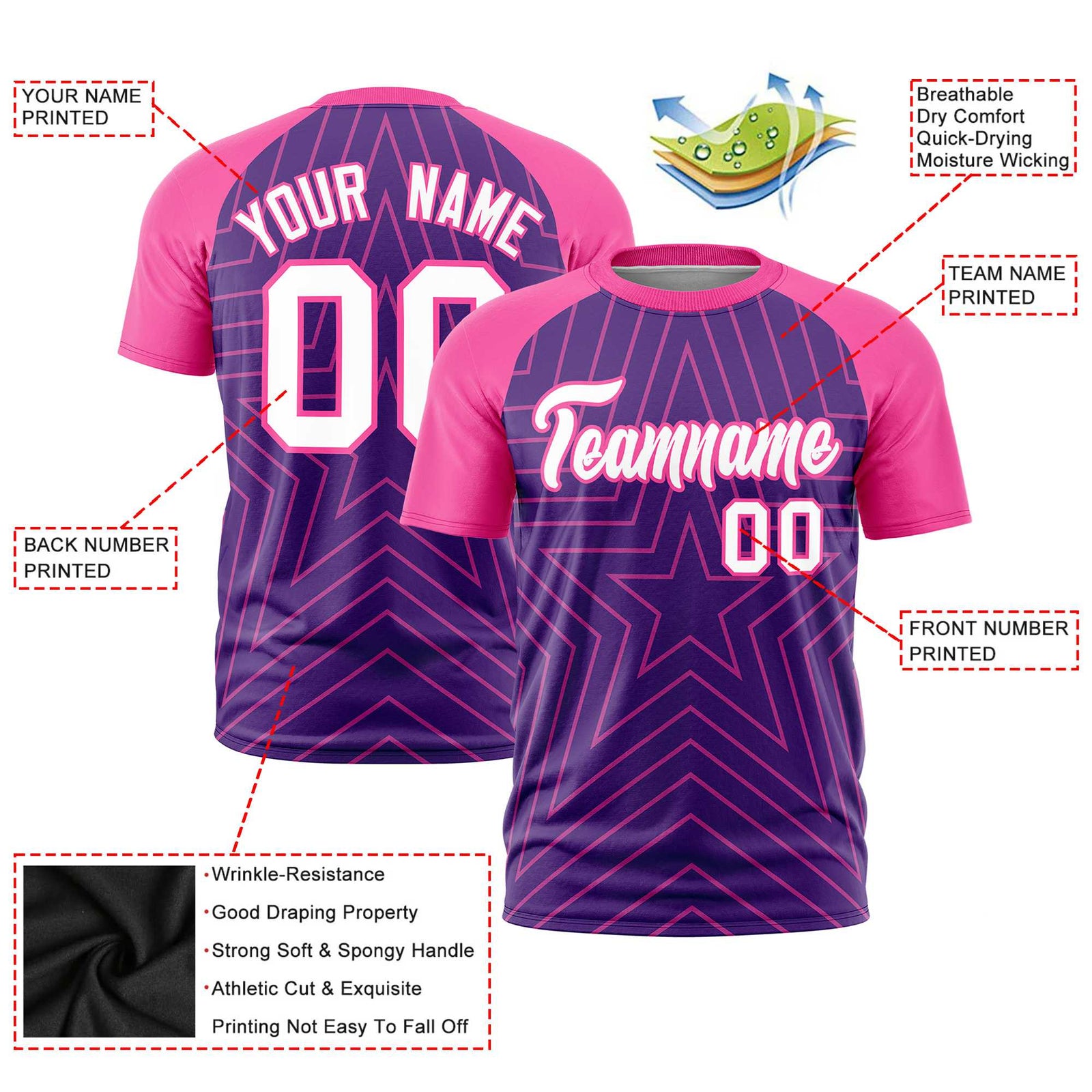Custom Purple Pink Personalized Star Pattern Raglan Sleeves Performance T-Shirt