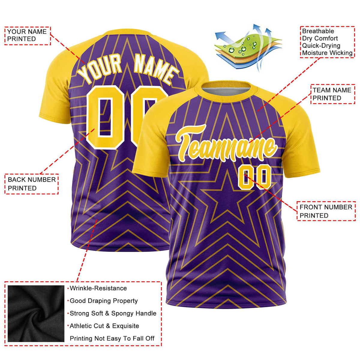 Custom Purple Gold Personalized Star Pattern Raglan Sleeves Performance T-Shirt
