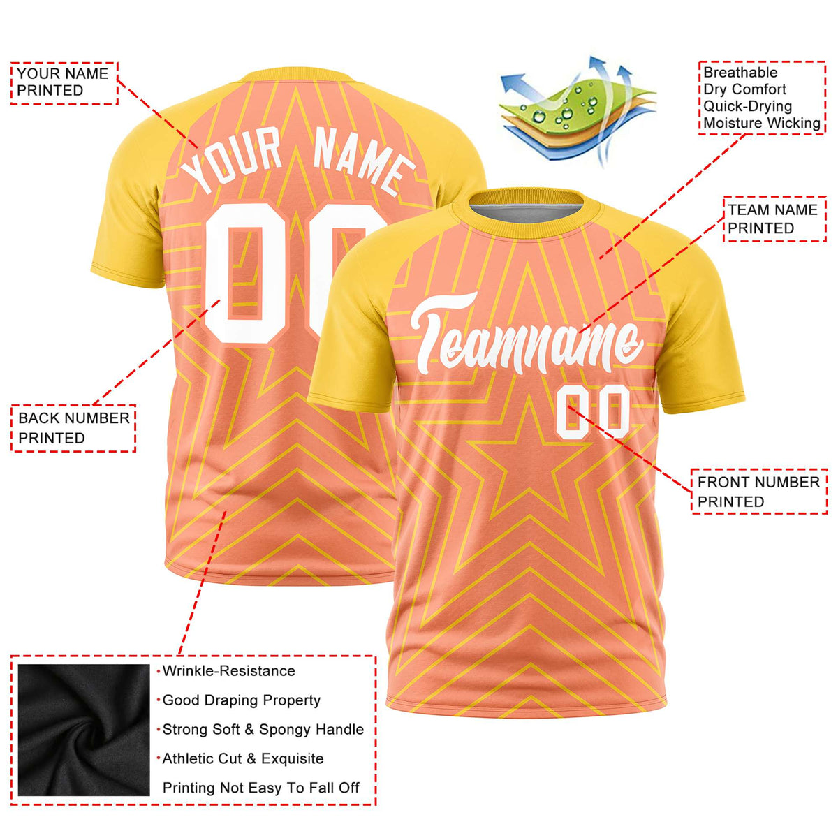 Custom Light Orange Gold Personalized Star Pattern Raglan Sleeves Performance T-Shirt