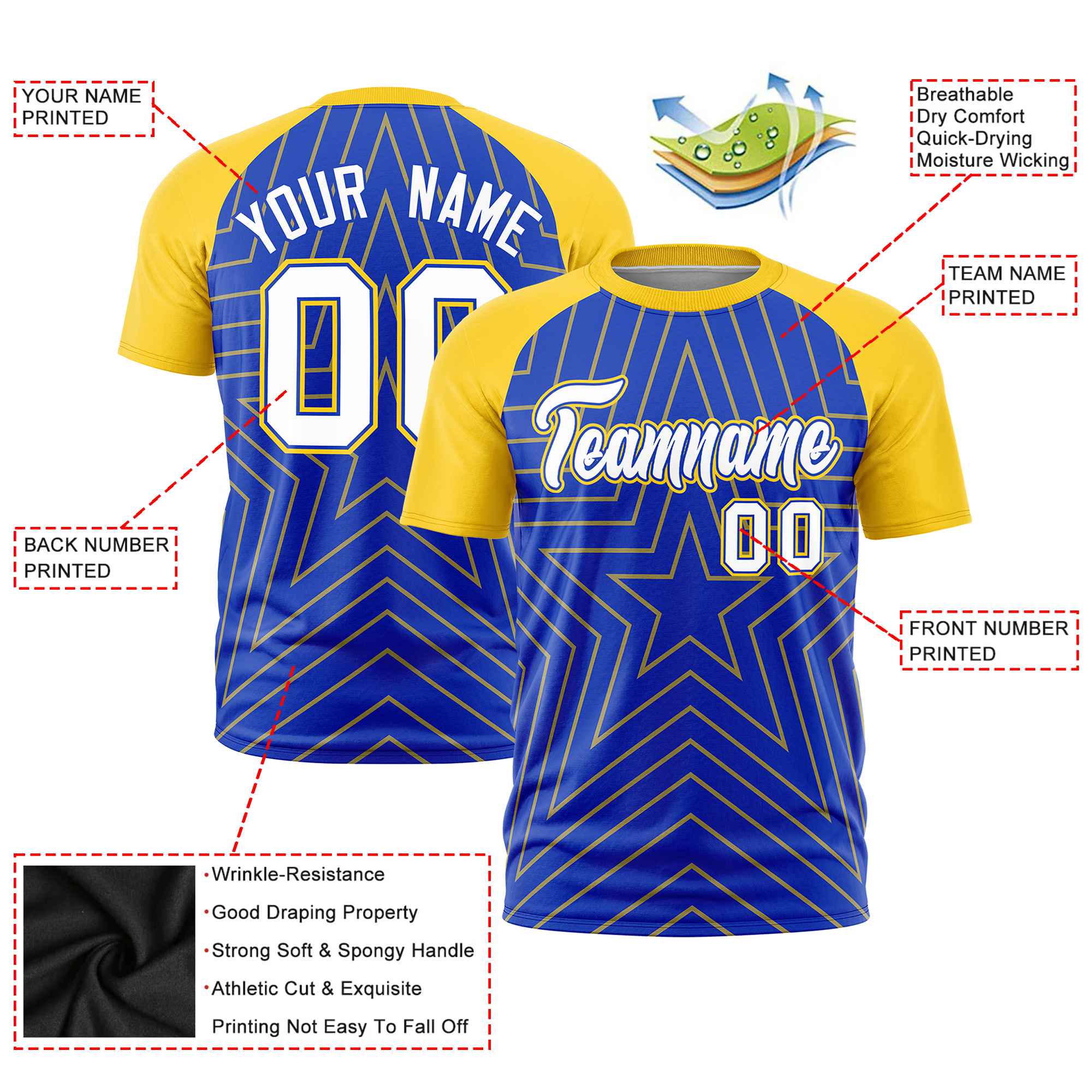 Custom Royal Blue Gold Personalized Star Pattern Raglan Sleeves Performance T-Shirt