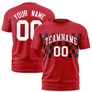 Camiseta de rendimiento personalizada con cuello redondo, cuadros rojos y negros - Estilo 1