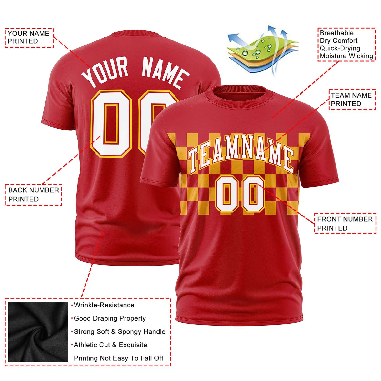 Custom Red Yellow Crew neck Plaid Pattern Personalized Performance T-Shirt