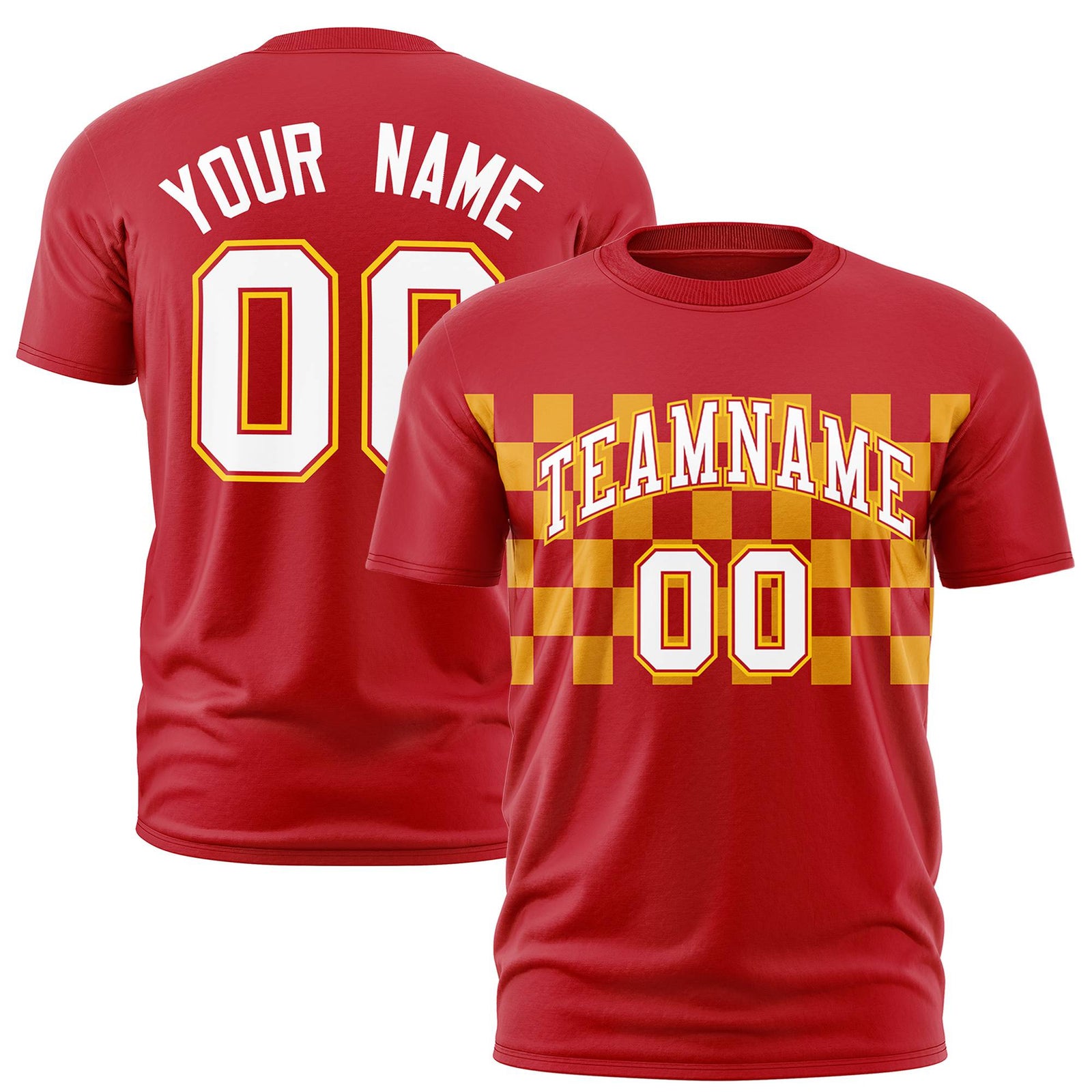 Custom Red Yellow Crew neck Plaid Pattern Personalized Performance T-Shirt