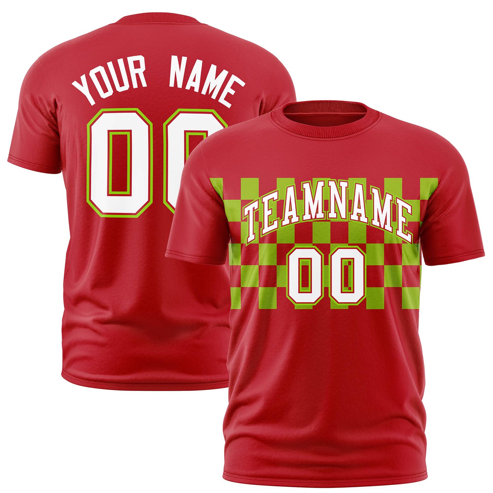 Custom Red Neon Green Crew neck Plaid Pattern Personalized Performance T-Shirt