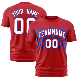 Camiseta de rendimiento personalizada con cuello redondo, estampado a cuadros en rojo y azul rey - Estilo 1