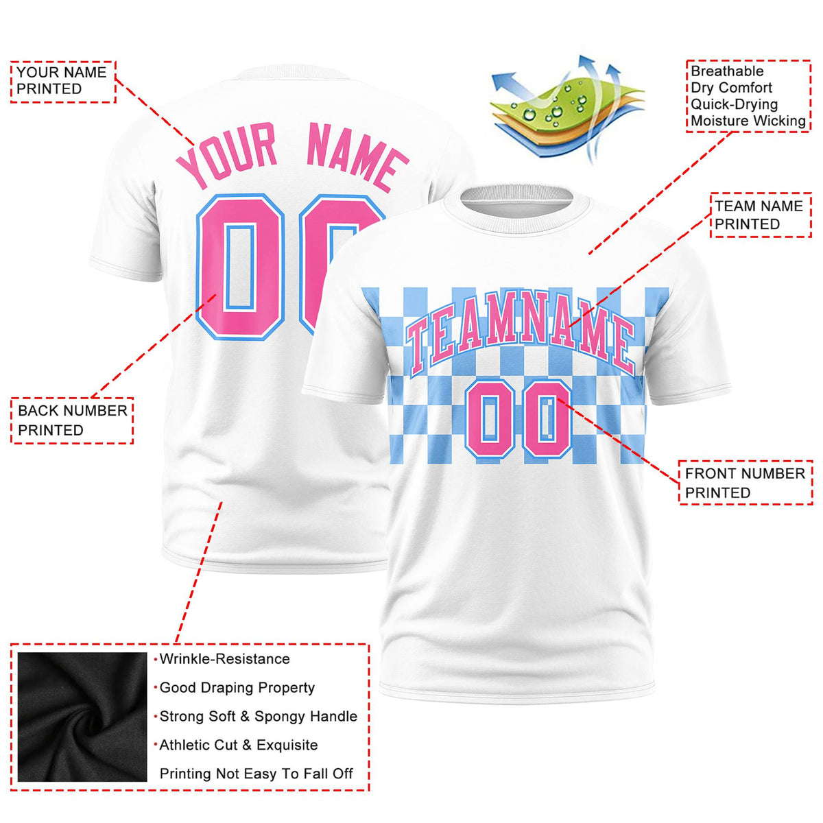 Custom White Powder Blue Crew neck Plaid Pattern Personalized Performance T-Shirt