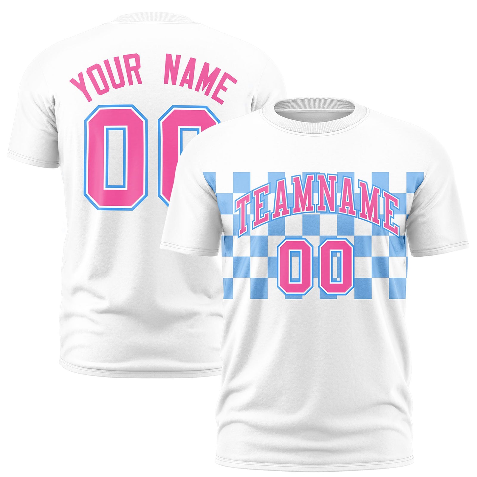 Custom White Powder Blue Crew neck Plaid Pattern Personalized Performance T-Shirt