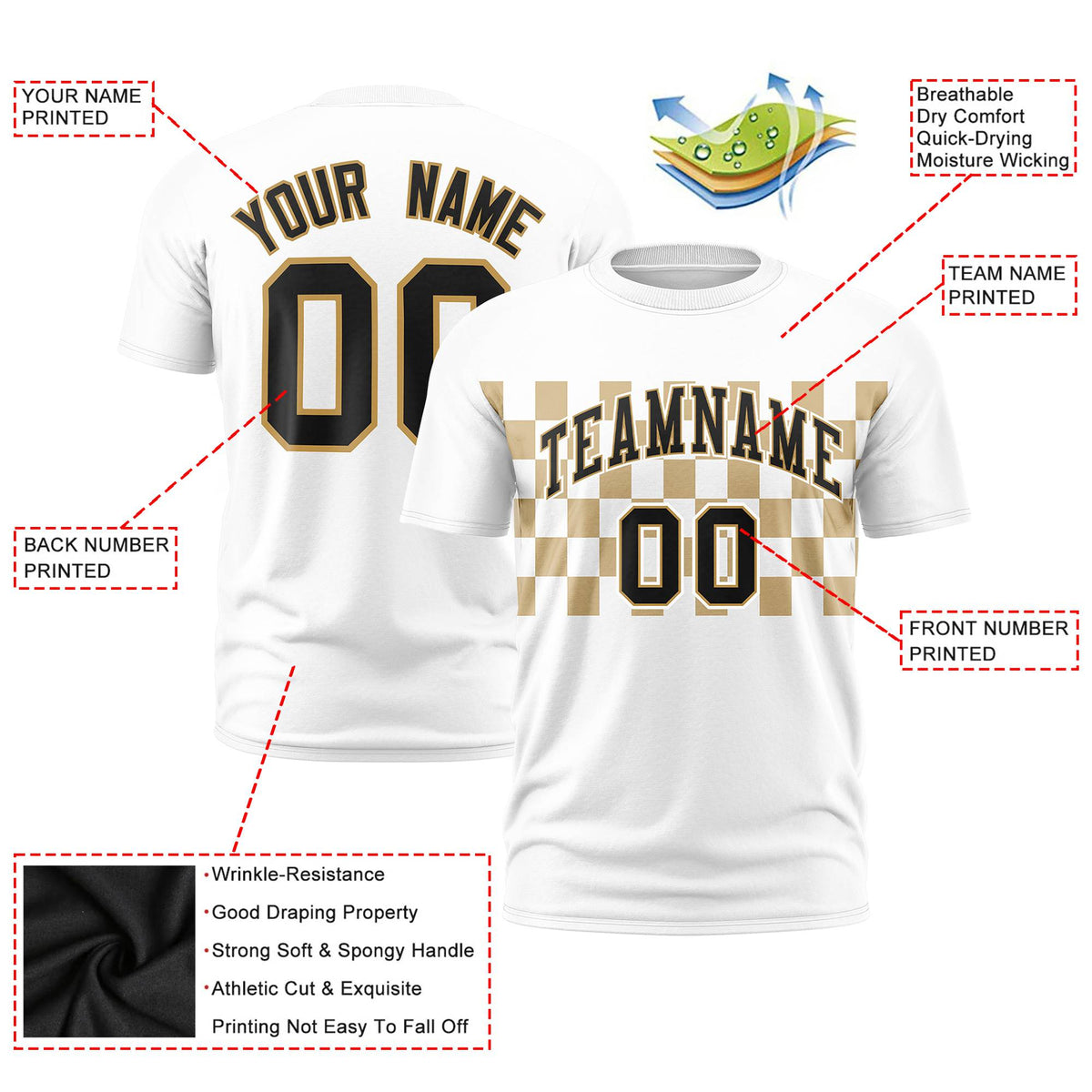 Custom White Old Gold Crew neck Plaid Pattern Personalized Performance T-Shirt
