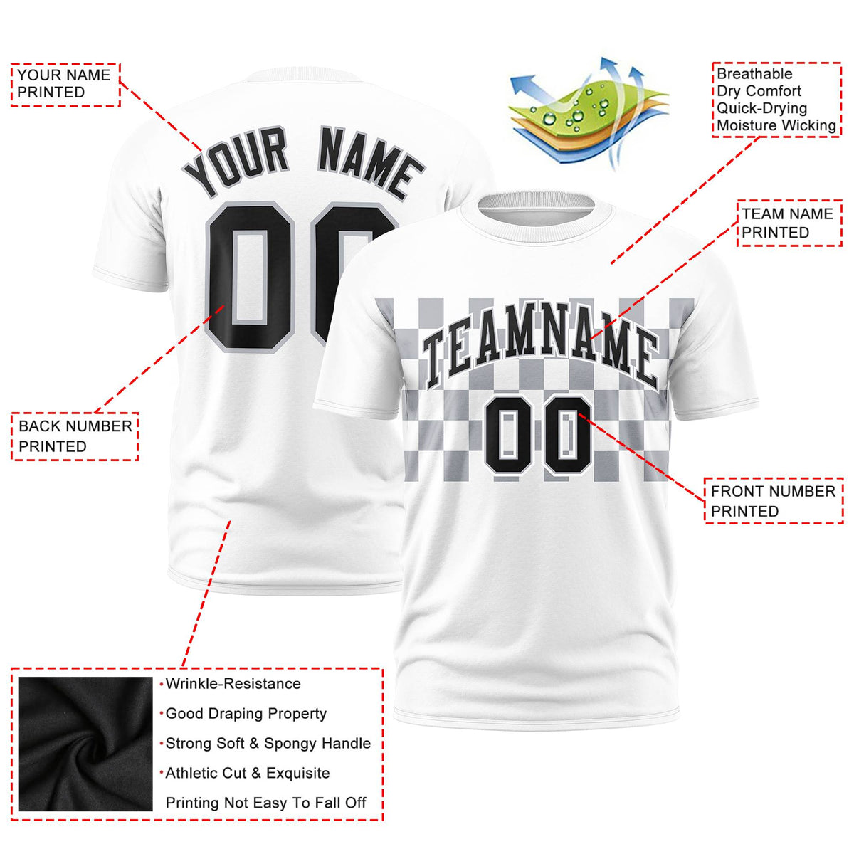 Custom White Gray Crew neck Plaid Pattern Personalized Performance T-Shirt