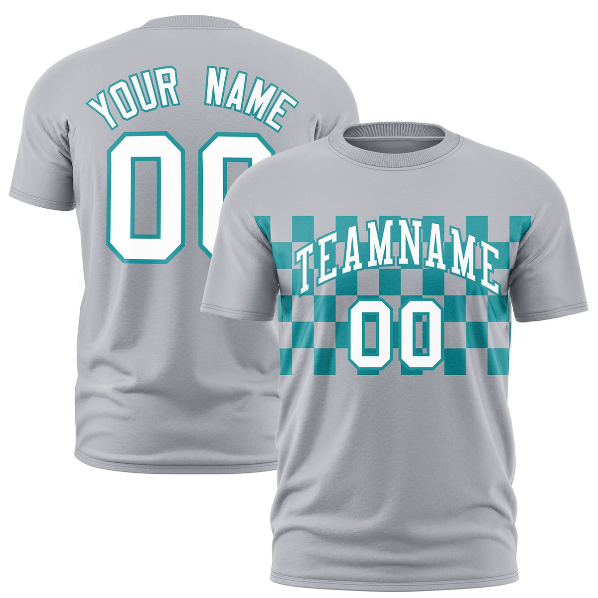 Custom Gray Aqua Crew neck Plaid Pattern Personalized Performance T-Shirt