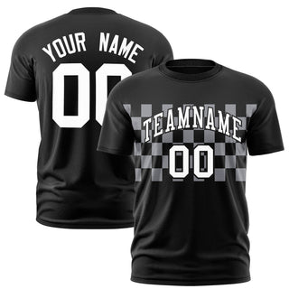 Camiseta de rendimiento personalizada con cuello redondo, diseño a cuadros, color negro y gris - Estilo 1