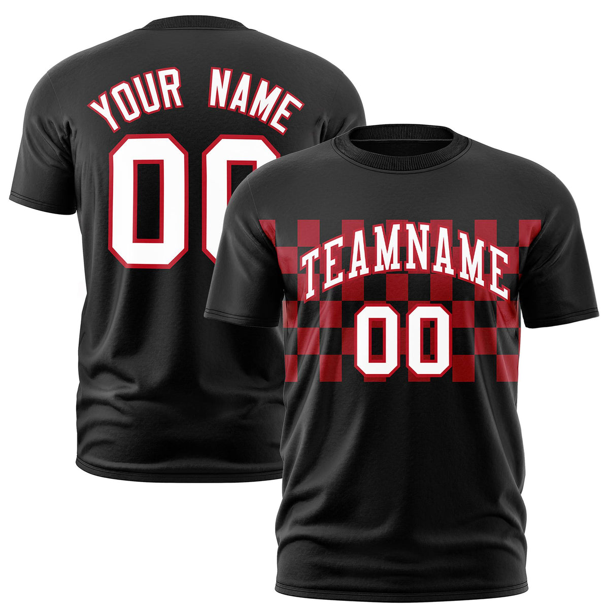 Custom Black Red Crew neck Plaid Pattern Personalized Performance T-Shirt