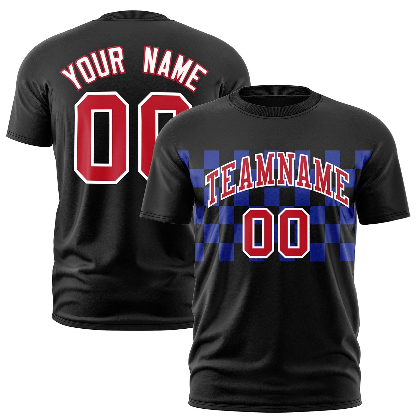 Custom Black Royal Blue Crew neck Plaid Pattern Personalized Performance T-Shirt