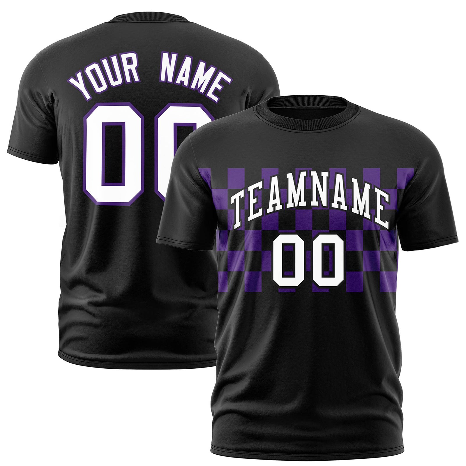 Custom Black Purple Crew neck Plaid Pattern Personalized Performance T-Shirt