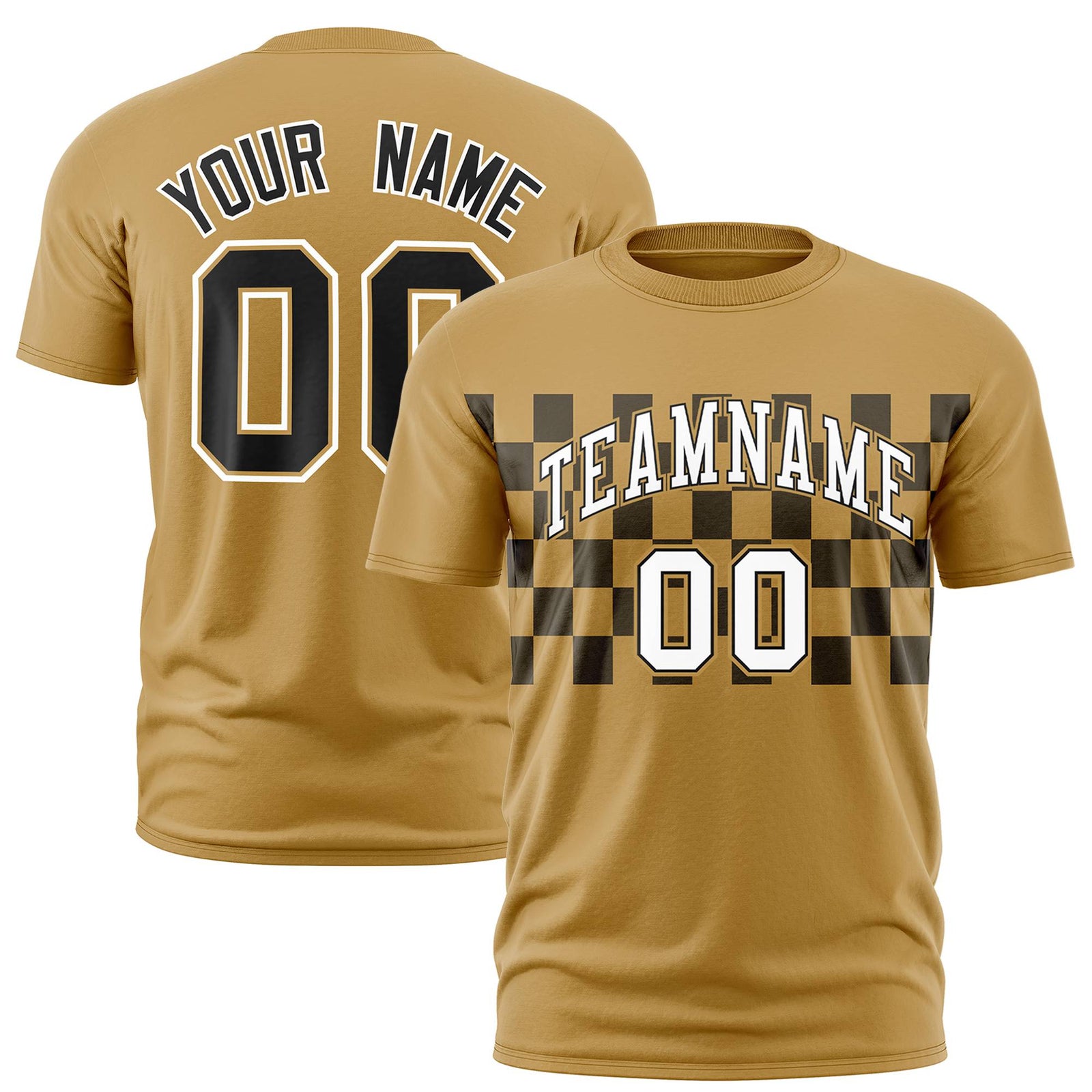 Custom Old Gold Black Crew neck Plaid Pattern Personalized Performance T-Shirt