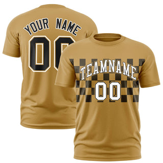 Custom Old Gold Black Crew neck Plaid Pattern Personalized Performance T-Shirt - Style 1