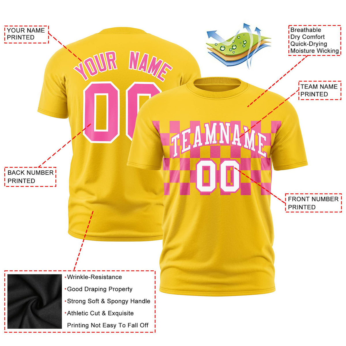 Custom Gold-01 Pink Crew neck Plaid Pattern Personalized Performance T-Shirt