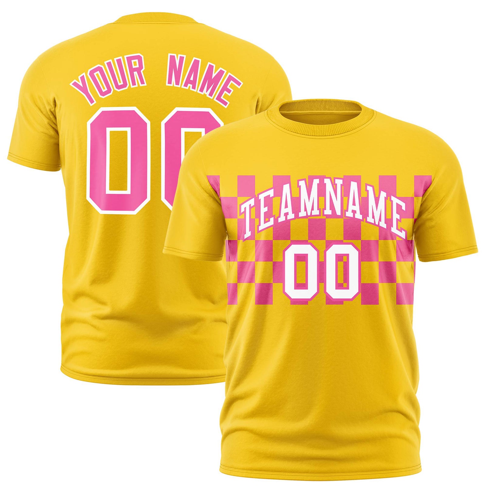 Custom Gold-01 Pink Crew neck Plaid Pattern Personalized Performance T-Shirt