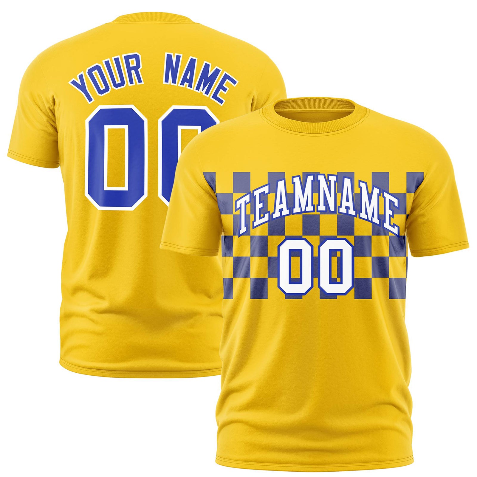 Custom Gold-01 Royal Blue Crew neck Plaid Pattern Personalized Performance T-Shirt