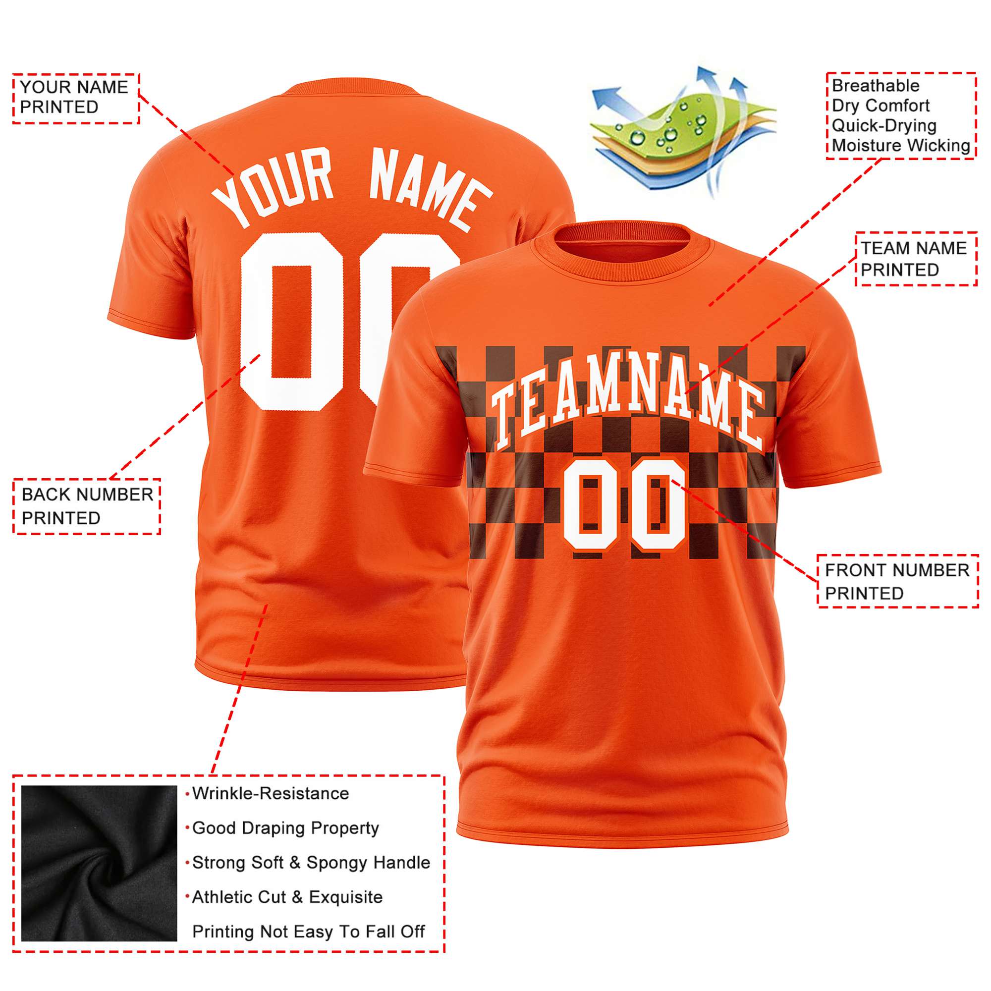 Custom Orange Black Crew neck Plaid Pattern Personalized Performance T-Shirt