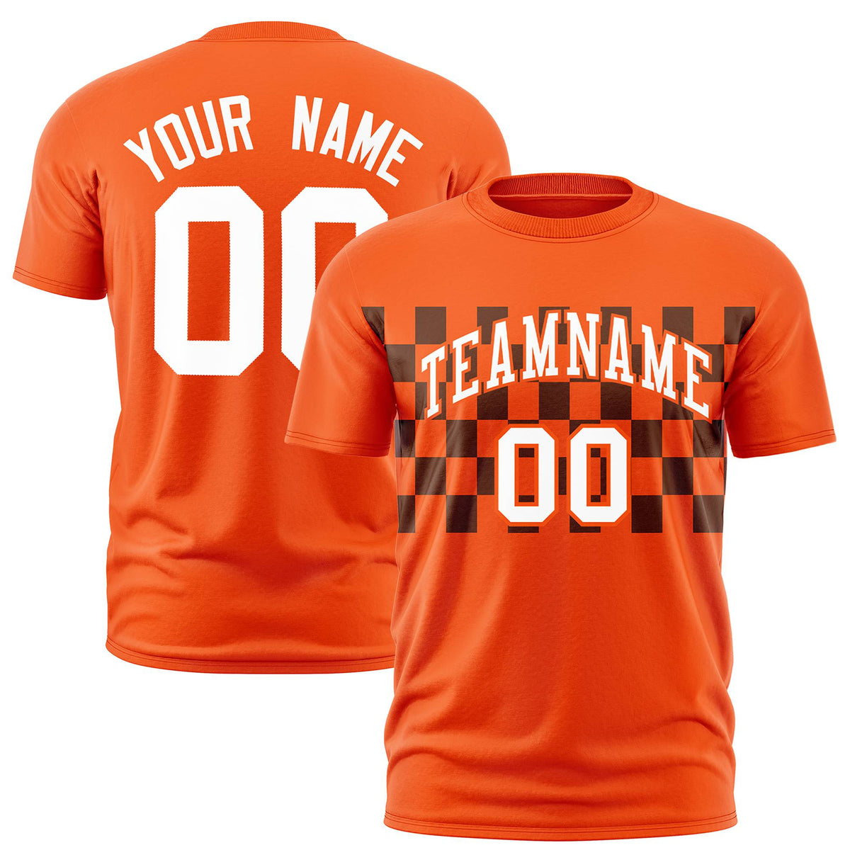 Custom Orange Black Crew neck Plaid Pattern Personalized Performance T-Shirt