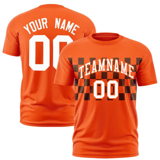Camiseta de rendimiento personalizada con cuello redondo, estampado a cuadros, color naranja y negro - Estilo 1