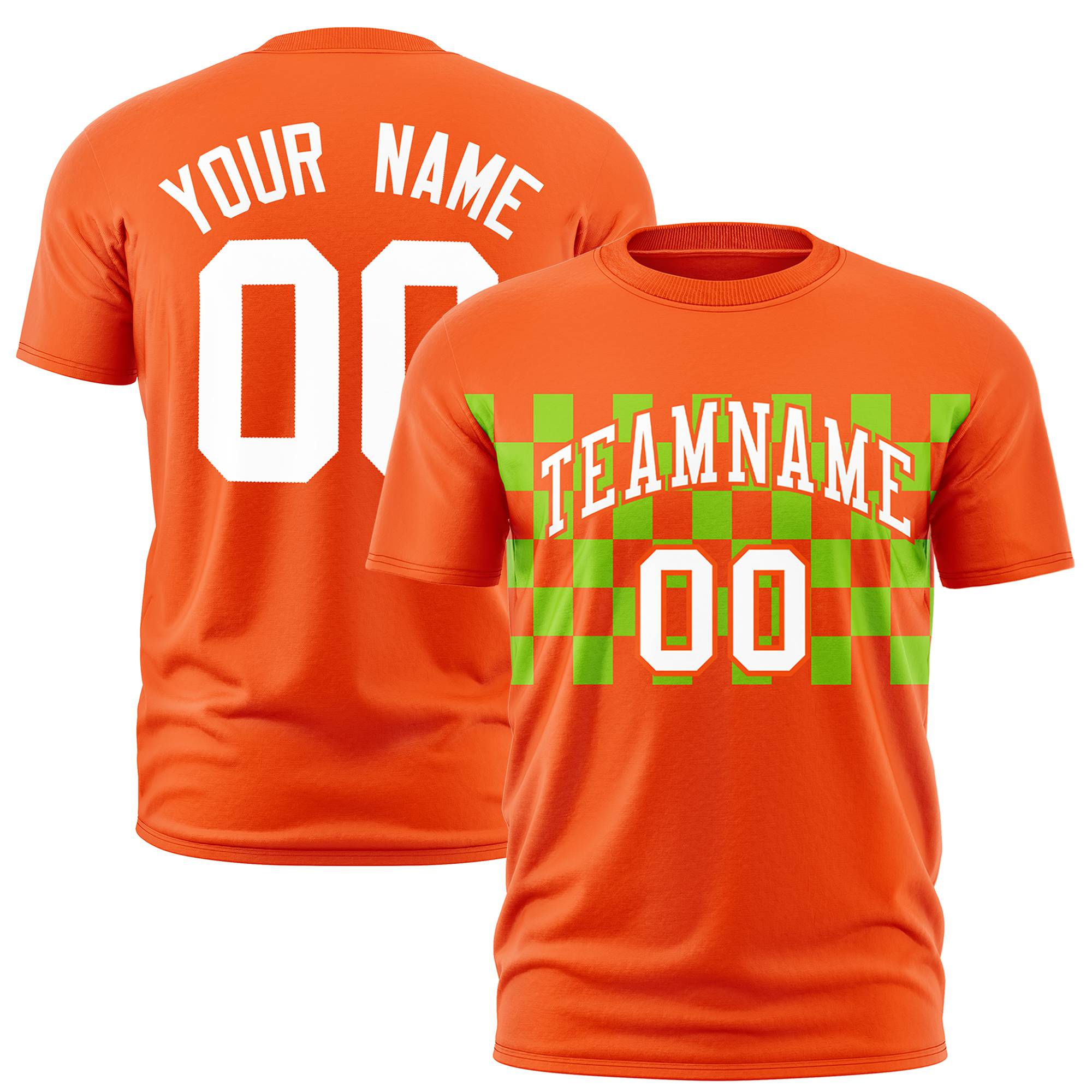 Custom Orange Neon Green Crew neck Plaid Pattern Personalized Performance T-Shirt