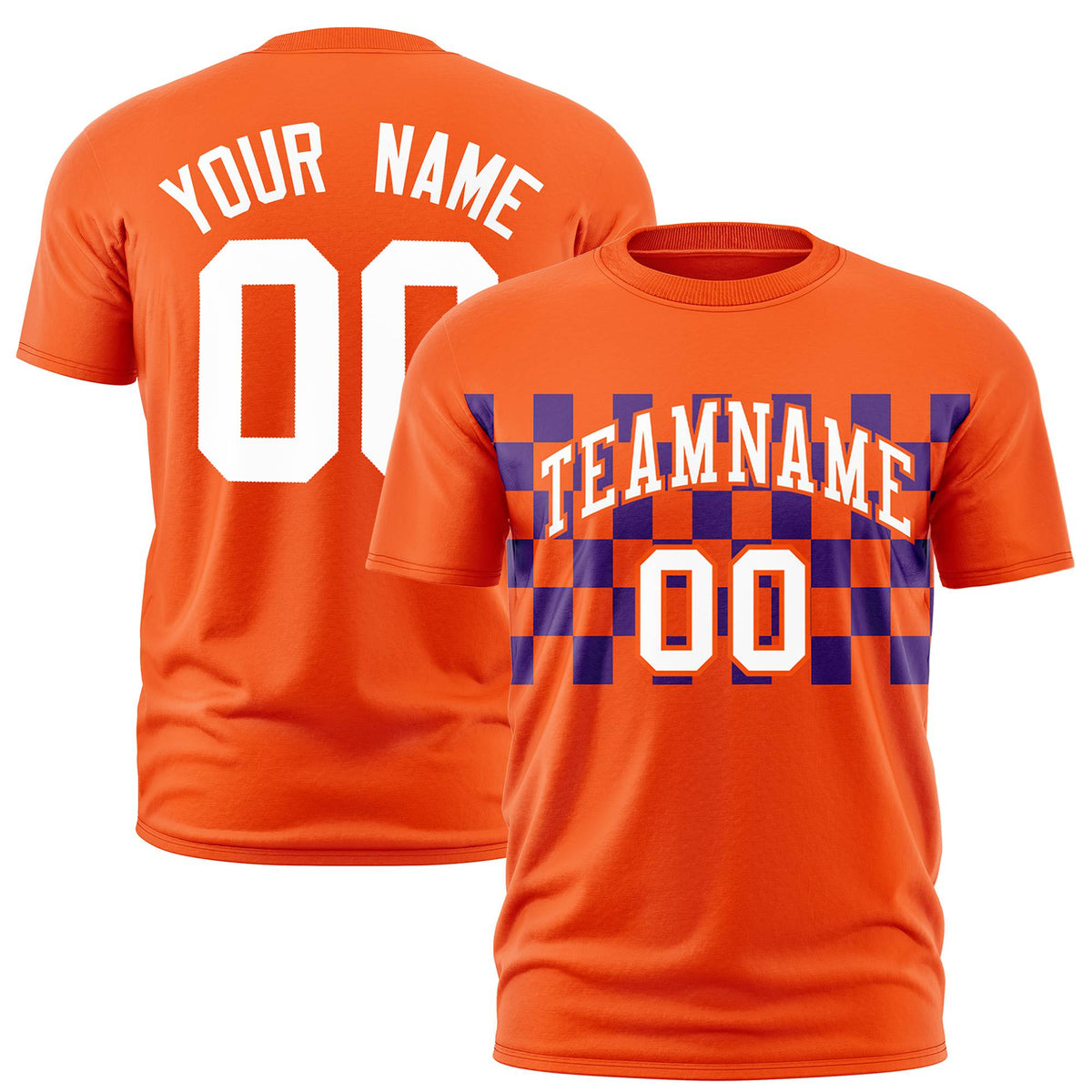 Custom Orange Purple Crew neck Plaid Pattern Personalized Performance T-Shirt