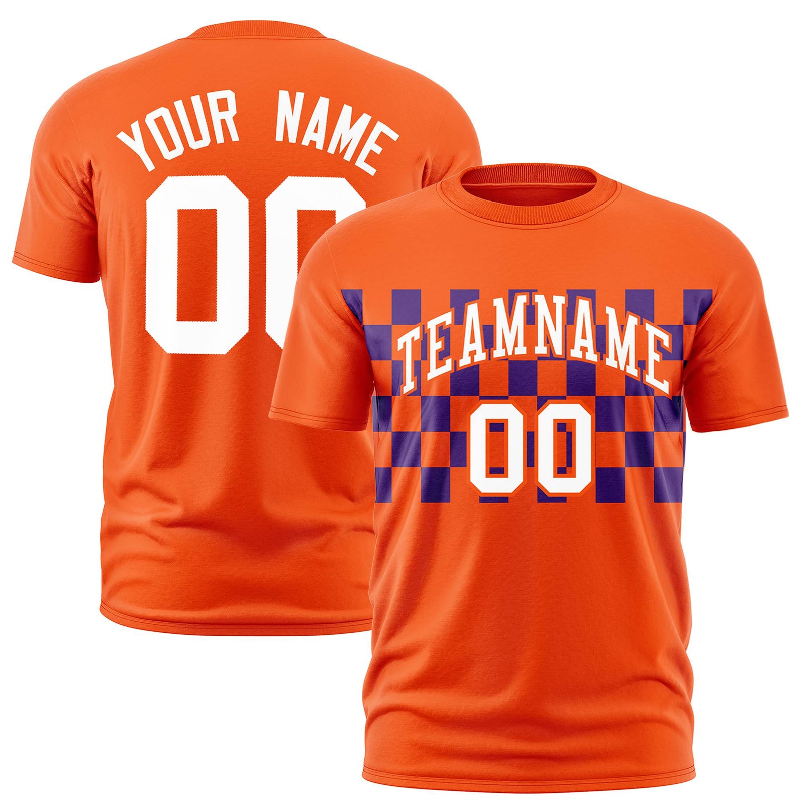 Custom Orange Purple Crew neck Plaid Pattern Personalized Performance T-Shirt