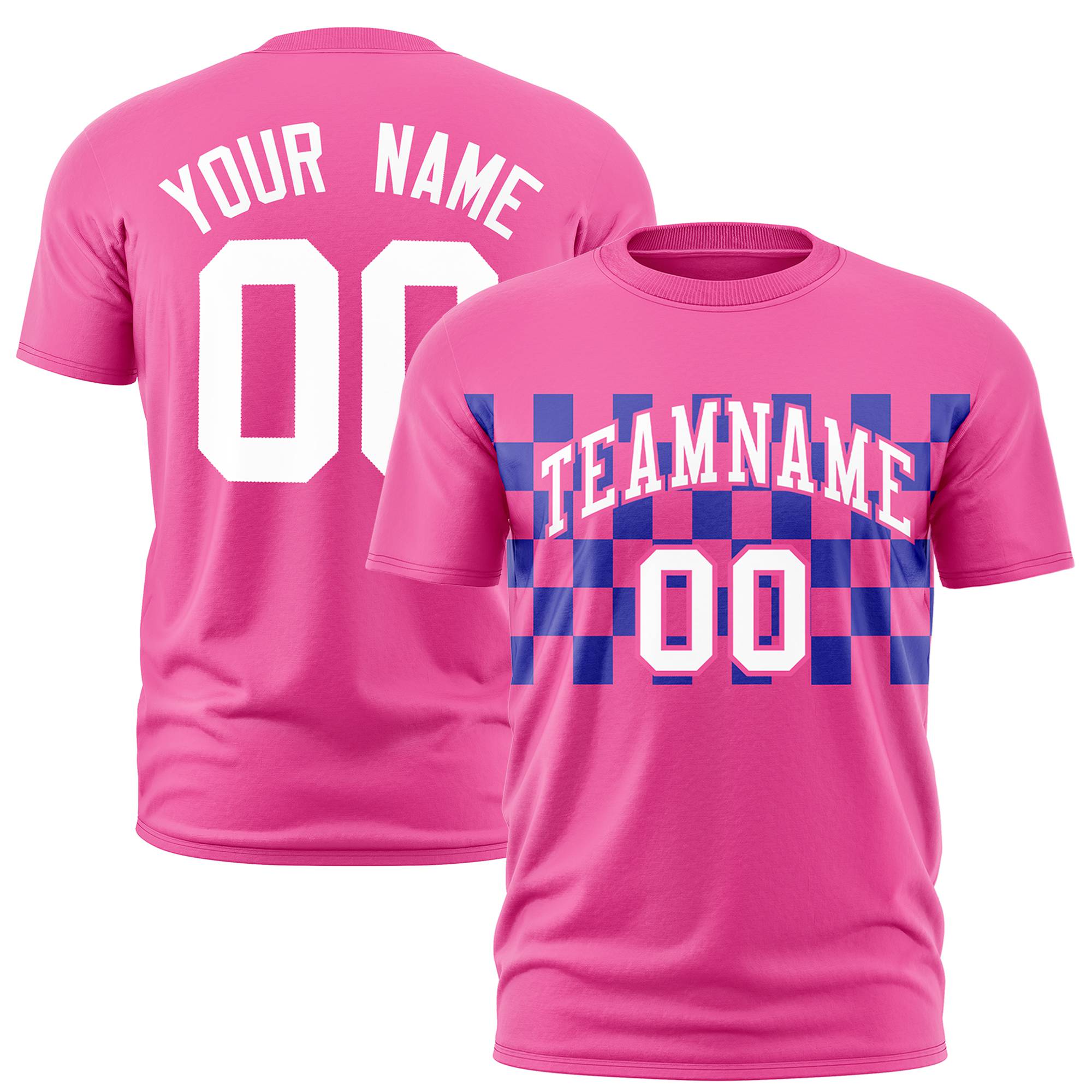 Custom Pink Royal Blue Crew neck Plaid Pattern Personalized Performance T-Shirt