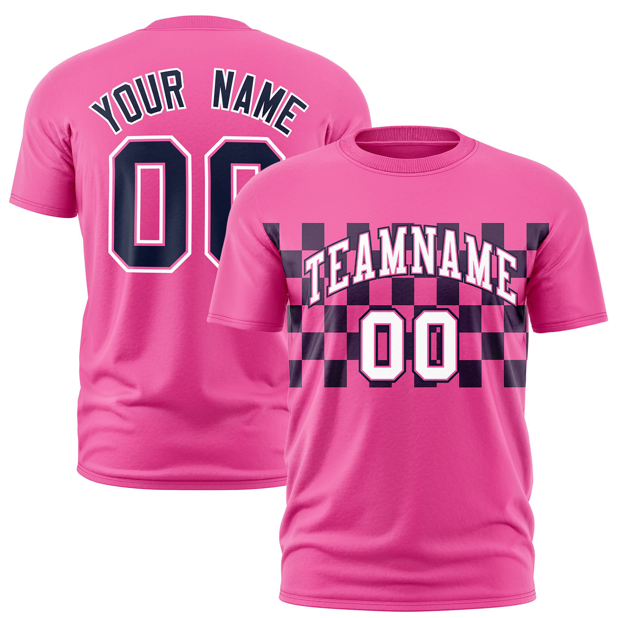 Custom Pink Navy Crew neck Plaid Pattern Personalized Performance T-Shirt