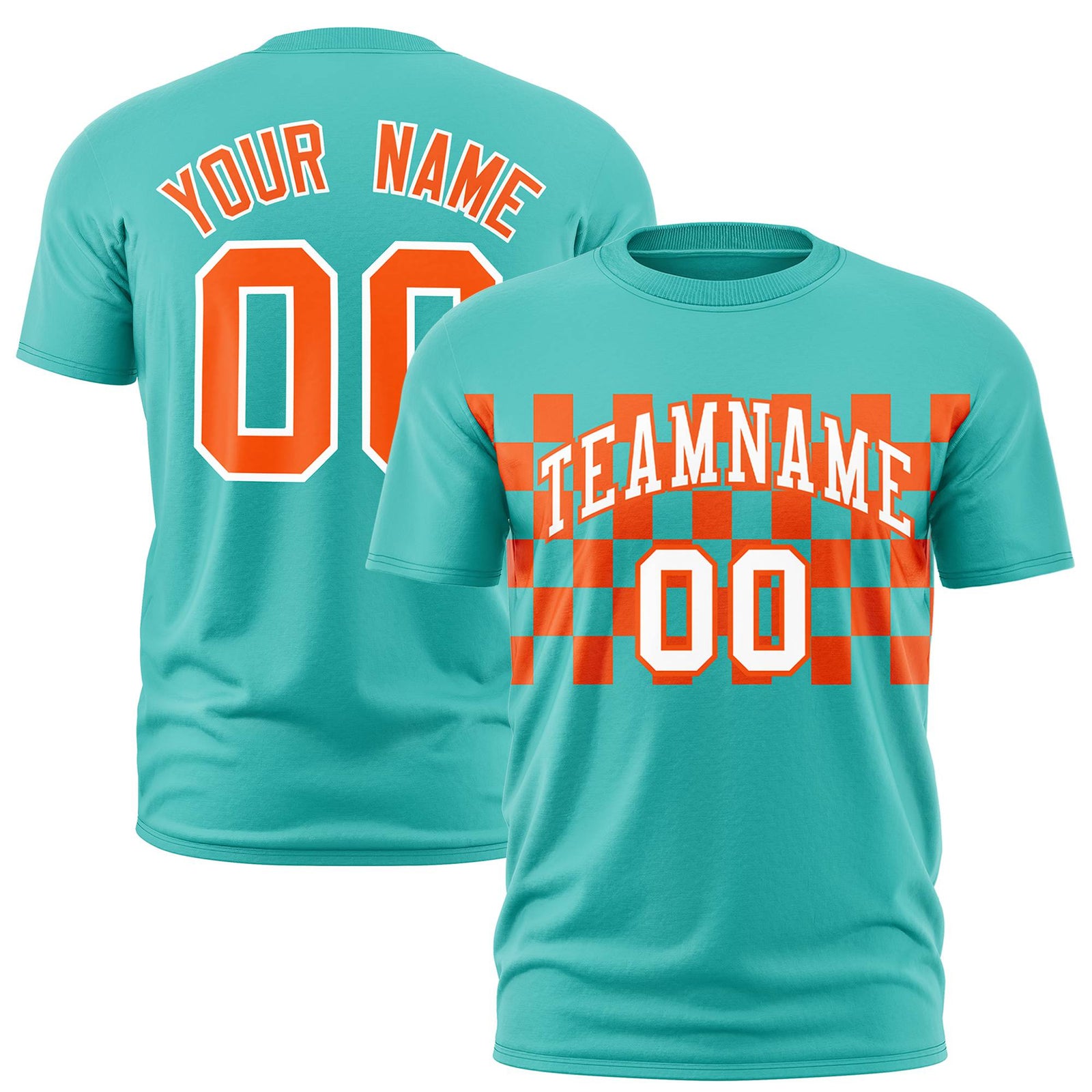 Custom Teal Orange Crew neck Plaid Pattern Personalized Performance T-Shirt